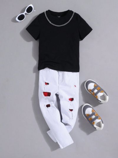 SHEIN Young Boys' Stylish Colorblock Patchwork Ripped High Stretch Skinny White Jeans For Summer