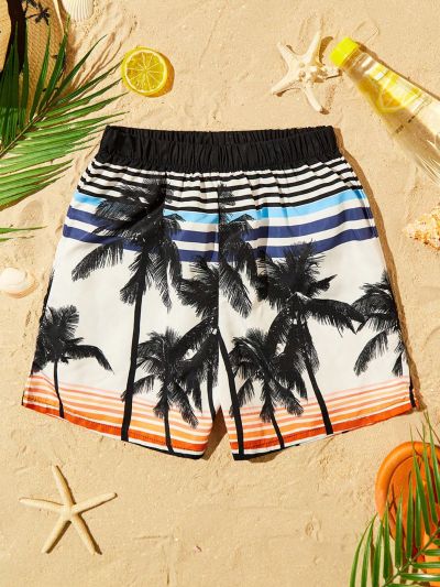 SHEIN Boys' Casual Woven Loose Swim Trunks With Coconut Tree And Sea Beach Print Pattern