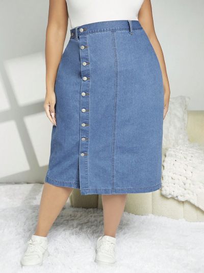 SHEIN CURVE+ Plus Size Single-breasted Denim Mini Skirt