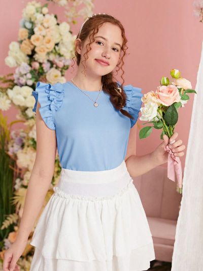 SHEIN Teen Girl's Woven Ruffle Hem Round Neck Casual Shirt