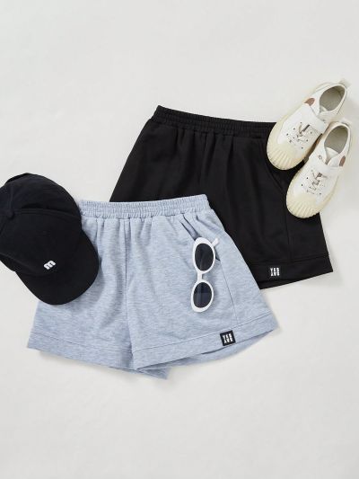 SHEIN Kids KDOMO 2pcs/set Elastic Waist Wide Leg Shorts With Pocket For Tween Girls