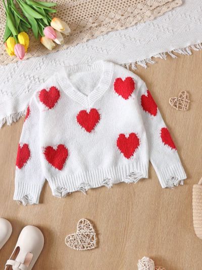 Young Girls' Heart Pattern Distressed Hem Sweater