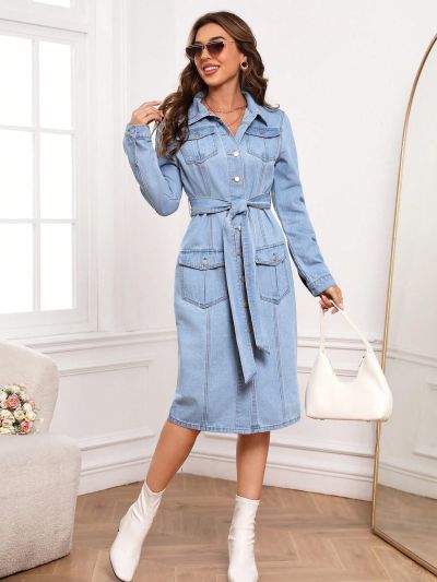 SHEIN Privé Ladies' Solid Color Denim Dress, With Belt