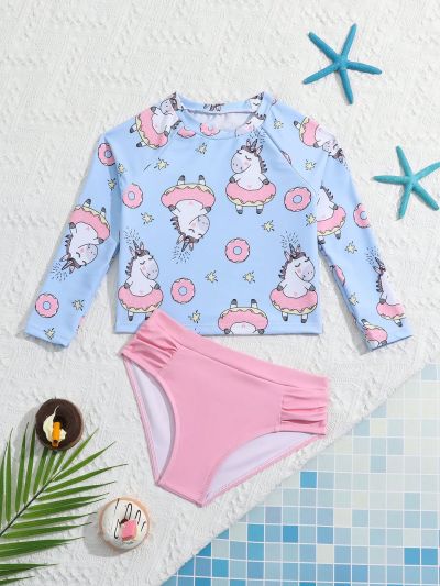 Toddler Girls' Cartoon Printed Long Sleeve Tankini Swimsuit Set