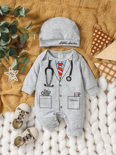 SHEIN Baby Boys' Costume Doctor Pattern Long Sleeve Romper With Embroidered Hat, Perfect For Daily Casual Wear And Party, Fall
