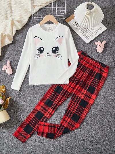 SHEIN Tween Girls' Knitted Bunny Patterned Fitted Top And Checked Fitted Pants Pajama Set, 2pcs