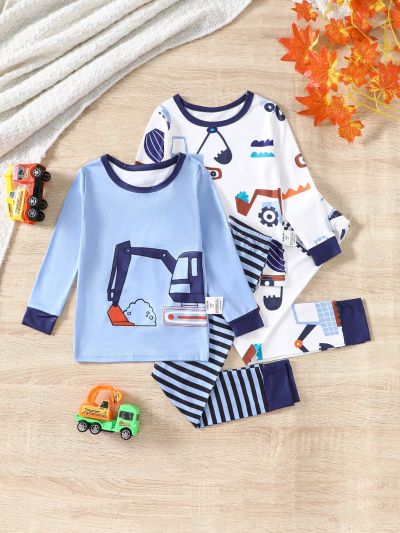 Young Boy's Simple Excavator Print Casual Two-Piece Set With Shirt, Pants And Long Sleeves For Home Wear