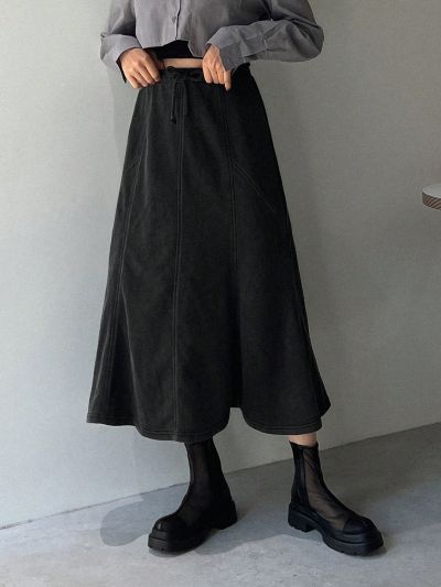 FRIFUL Women's Black Drawstring Waist Mid-length Skirt
