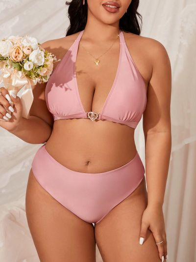 SHEIN Swim Vcay Plus Size Bikini Swimwear Set With V-Neck, Rhinestone Heart Ring And Halter Strap