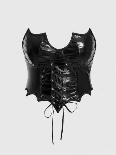 ROMWE Goth Plus Size Front Lace Up Pu Leather Strapless Crop Top With Open Back