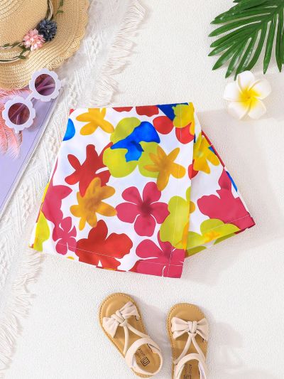 SHEIN Kids SUNSHNE Toddler Girls' Fashionable Floral Printed Casual Shorts For Summer