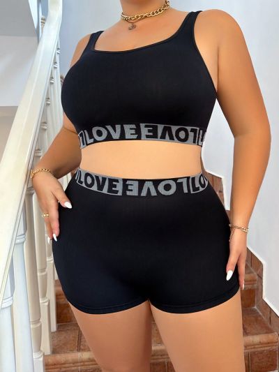 Plus Size Bra And Panties Set With Letter Pattern And No Steel Ring