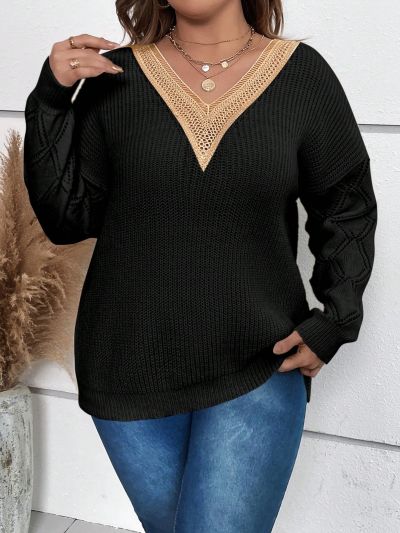 SHEIN Frenchy Plus Size Lace Splice Pull-over Sweater
