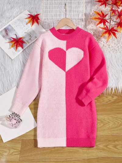 Little Girls' Color Block Heart Pattern Round Neck Sweater Dress With Drop Shoulder