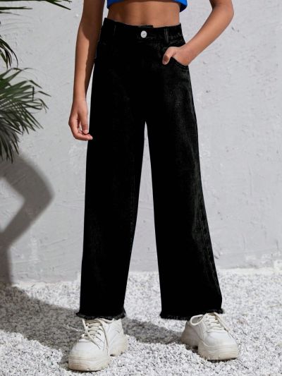 Tween Girls' Wide Leg Jeans With Frayed Hem Detail
