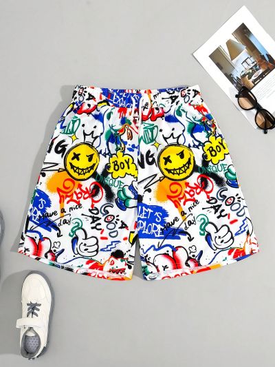 SHEIN Teenage Boys' Casual Graffiti Pattern Print Shorts Suitable For Summer