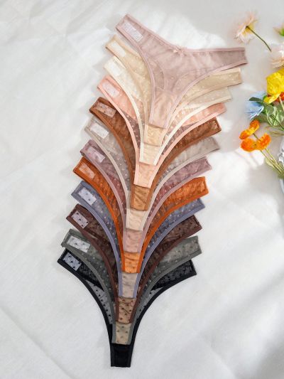 12pcs/Pack Heart Embroidered Mesh Thong Underwear