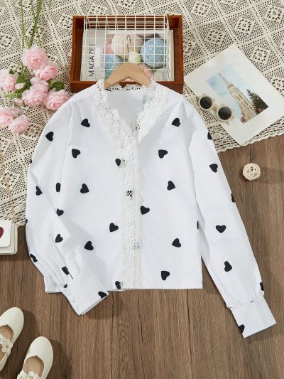 Teenage Girls' Heart Printed Long Sleeve Shirt