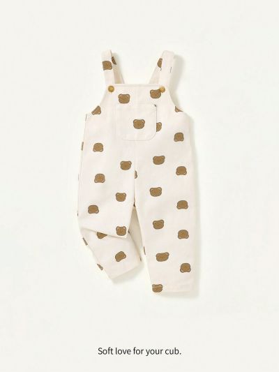 Cozy Cub Baby Girls' Casual And Versatile Bear Print Dungarees With Front Pocket