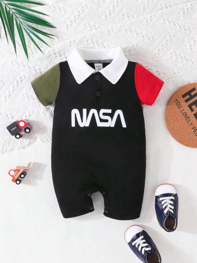 Baby Boy's Funny Letter Print Shirt Collar Romper For Summer