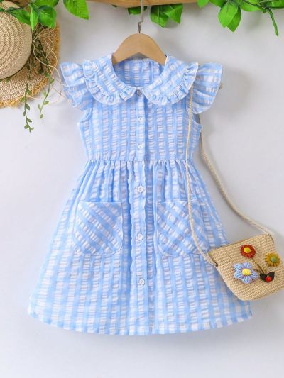 SHEIN Kids EVRYDAY Young Girl Striped Doll Collar Button Up A-Line Dress