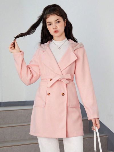 Girls' Solid Color Woolen Coat