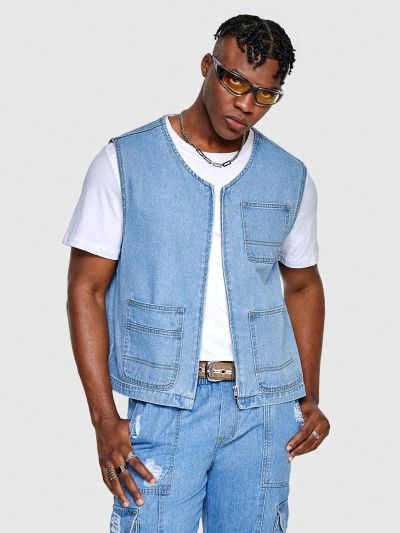 ROMWE Street Life Men's Solid Color Simple Sleeveless Denim Jacket