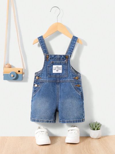 SHEIN Baby Boy's Fashionable Denim Jumpsuit With Washed Design