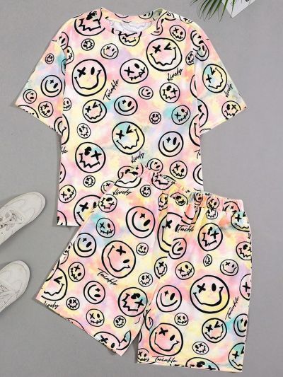 SHEIN Teen Boys' Casual Tie Dye Face Short Sleeve Top And Shorts Set, Suitable For Summer