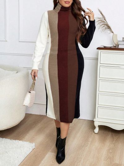 SHEIN Essnce Plus Color Block Turtleneck Sweater Dress