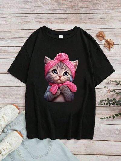 Cat Printed Teenage Girls' Short Sleeve T-Shirt Mommy And Me Matching Outfits (Note: 2 Pieces Are Sold Separately)