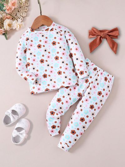 Baby Girl's Floral Print Raglan Long Sleeve Top And Pants Pajama Set With Headband