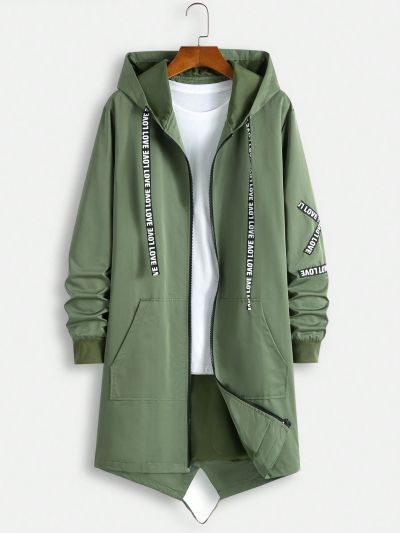 Men's Letter Printed Drawstring Zipper Front Hooded Windbreaker Jacket