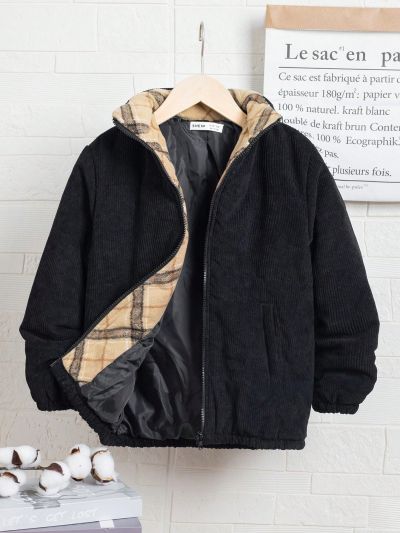 SHEIN Tween Boy Plaid Lined Zip Up Corduroy Winter Coat