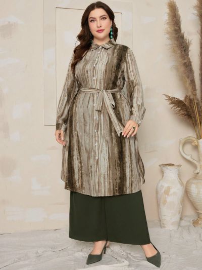 SHEIN Mulvari Plus Size Tie Dye Waist Belted Shirt And Wide Leg Pants Set