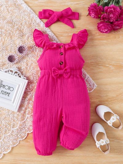 Baby Girl Ruffle Trim Double Layered Gauze Jumpsuit With Bowknot Decor & Matching Headband