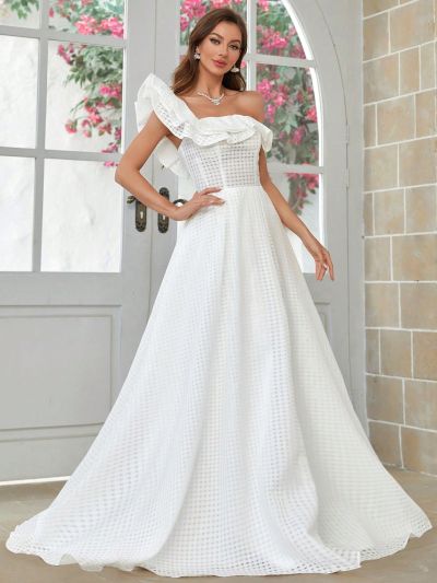 SHEIN Belle One-Shoulder Ruffled Edge Wedding Dress With Back Tie