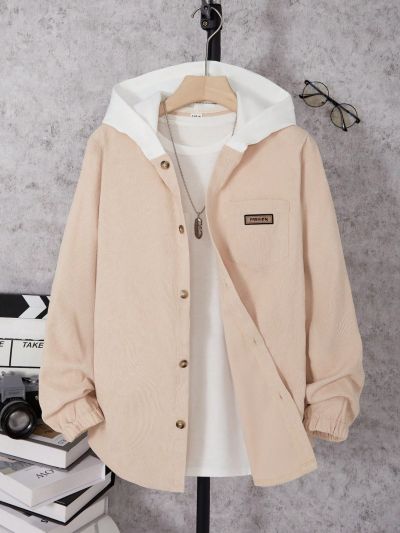 Teen Boys' 1pc Hooded Corduroy Patchwork Zip-Up Sweatshirt Jacket For Spring