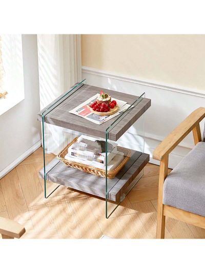 17.72" Square Glass End Table,2-Tier Square Clear Sofa Side Table with Dual Shelves, Modern Glass Nightstand End Table Side Table for Living Room, Reception Room, Meeting Room Home Office,Clear