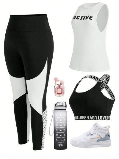 Plus Size Women's Letter Jacquard Bra, Vest, And Long Pants Sportswear Set