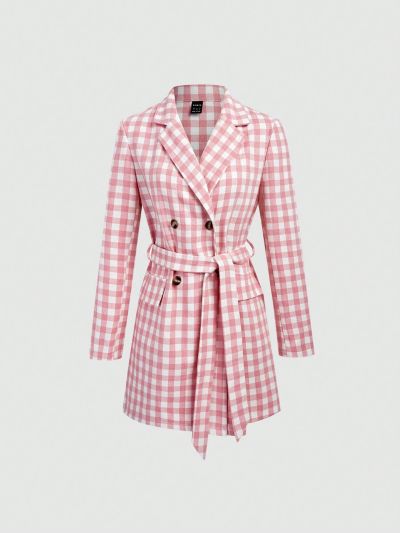 SHEIN MOD Women's Plaid Double Breast Belted Woolen Coat