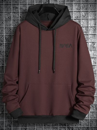 Manfinity Men Letter Graphic Color Block Kangaroo Pocket Drawstring Hoodie