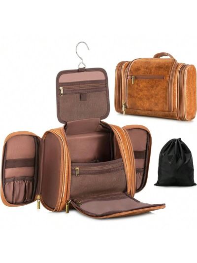 Travel Hanging Toiletry Bag for Women and Men, Large PU Leather Toiletries Organizer, Water-resistant Bathroom Shaving Kit for Cosmetics, Makeup Case (Large, Brown)