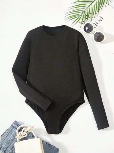 SHEIN Kids EVRYDAY Tween Girl Solid Ribbed Knit Bodysuit