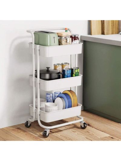 Storage Cart 3-Tier Storage Cart Multipurpose Trolley Organizer Cart with Wheels Rolling Cart Metal Utility Cart Kitchen Bedroom (White)