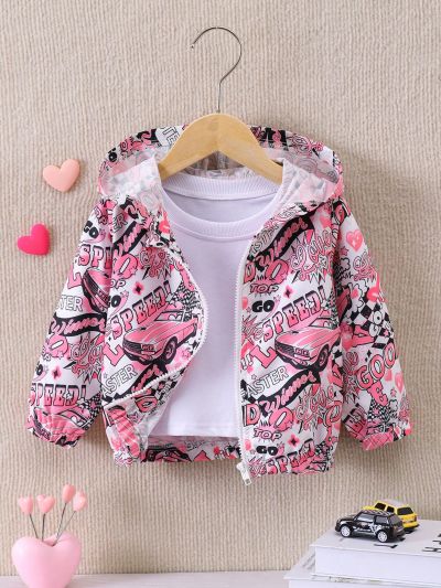 Baby Girls' Pink Cartoon Car Printed Hooded Sporty Jacket For Daily Wear In Spring