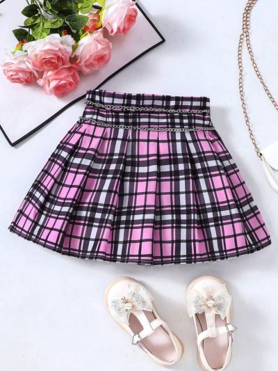 SHEIN Kids QTFun Little Girl's Spring And Summer Bright Plaid Pleated Short Skirt