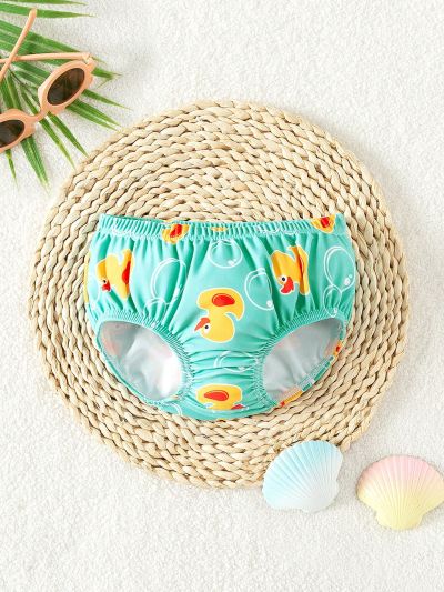 SHEIN Newborn Baby Boy's Duckling Print Swimsuit, Triangle Shorts For Playing In Summer Beach