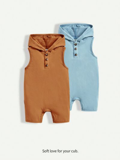 Cozy Cub Baby Boy's Solid Color Half Button Hooded Sleeveless Romper Two-Piece Set