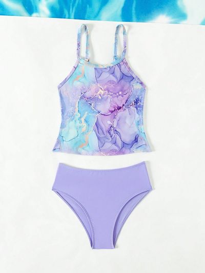Cute Girls' Tie Dye Print Two Piece Swimsuit Set